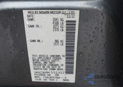 2023 Nissan Leaf S 40 Kwh z USA, uszkodzony, nr VIN 1N4AZ1BV9PC555357